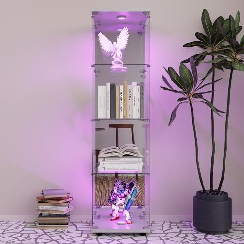 FOERPL Armadietto per stoviglie in vetro con illuminazione a LED, 4 ripiani con chiusura e porta, per il soggiorno (specchio, bianco), trasparente