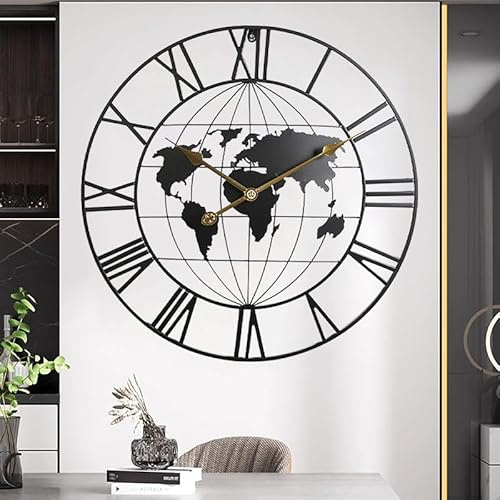 Large World Map Wall Clock,Metal Minimalist Modern Clock,Round Decorative Silent Non-Ticking Battery Operated Wall Clocks for Living Room/Entryway/Kitchen/Bedroom/Office/School Decor (24 Inch)
