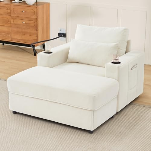 Merax Modern Oversized Chaise Longue Chair with Movable Storage Ottoman, 2 USB Ports, 2 Cup Holders, a Phone Holder, Side Pockets, 42.5 Reclining Chair for Living Room, Bedroom, Beige
