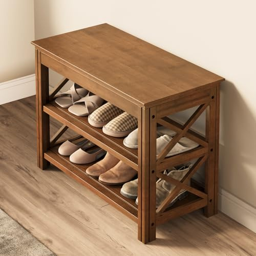 Bamworld Shoe Rack Bench with Storage 3 Tier Bamboo Shoe Bench Entryway Rustic Entryway Bench (X-Brown, 23.6 Inch