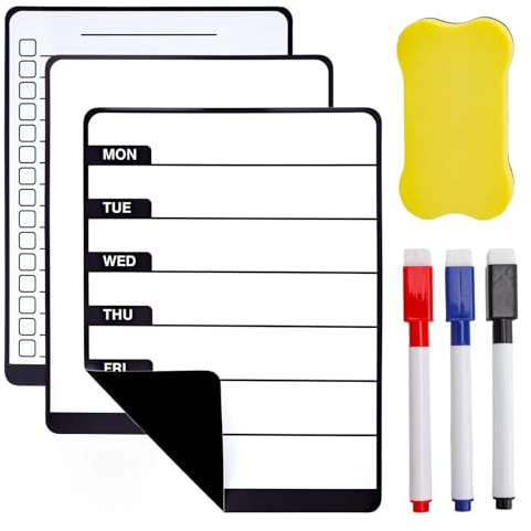 Magnetisk whiteboard – kylskåpsmagnet, magnet, raderbar veckoplanerare – 3 magnetiska whiteboard-tavlor med 3 markörer och suddgummi för kök, kontor och hem – organisera din