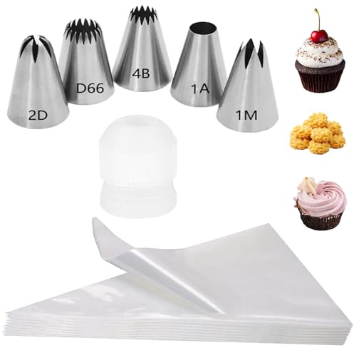 GIONAR spritspåsar och munstycken, 5 rörspetsar i rostfritt stål (2D, 4B, 1A, 1M, D66), 20 engångsspritspåsar och 1 omvandlare, för kyrkor, makaroner, puffar, tårtdekoration, kakor