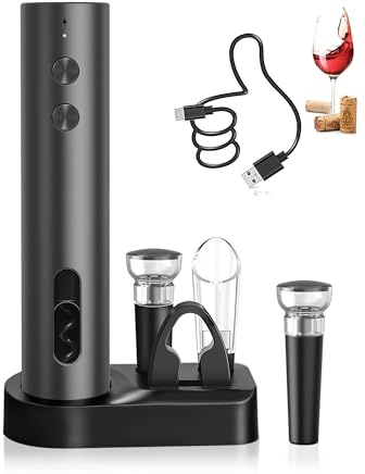 ZOYIDOUX Cavatappi elettrico ricaricabile – Apribottiglie elettrico con base, taglierina per carta, 2 tappi sottovuoto in silicone, versatore e cavo USB