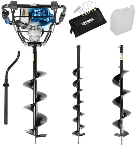 Hyundai Trivella di terra a benzina da 56 cc con freno di sicurezza, punte da trapano da 100 mm, 150 mm e 200 mm, impugnatura antivibrazione, scavatrice per fori per pali pesanti