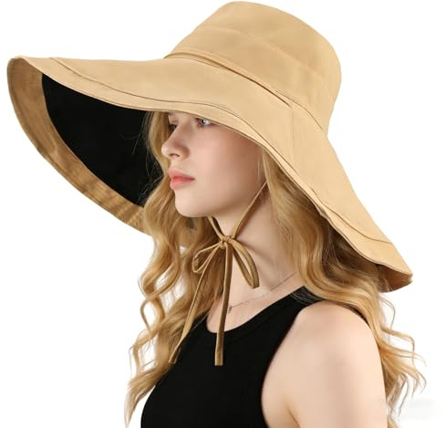 AYPOW Femme Réversible Coton Chapeau de Soleil avec Large Bord, Anti UV Double Face été Chapeau de Pêcheur, Pliable Réglable Moda Chapeaux de Seau pour Randonnée Voyage Jardin Plage