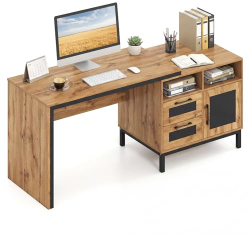 COSTWAY 180cm Large Computer Desk, Wooden Executive Desk Writing Workstation with Open Compartments, Storage Drawers & Single-Door Cabinet, Farmhouse Style PC Laptop Table Gaming Desk for Home Office