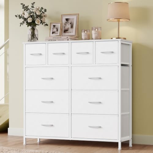 SONGMICS Commode avec 10 Tiroirs, Meuble de Rangement, Cadre en Acier, Tiroirs en Tissu, 98,7 x 30 x 96,2 cm, pour Chambre, Salon, Blanc Nuage, Collection BELLAH LGS236W101