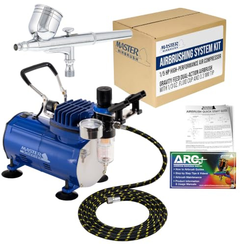 Master Airbrush Multi-Purpose Gravity Feed Air Brush Kit with Air Compressor - Model G22 Gravity Feed Dual-Action Airbrush with 1/3 oz. Fluid Cup and 0.3 mm Tip, Hose, 1/5hp Compressor
