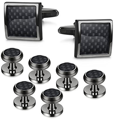 LOYALLOOK 8pcs Mens Carbon Fiber Cufflinks and Shirt Studs Set Tuxedo Shirts Business Wedding Black