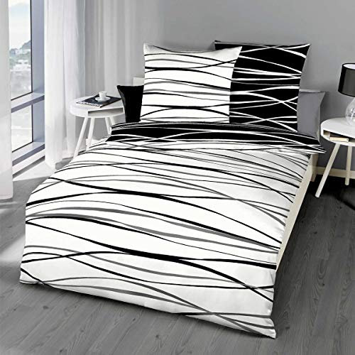 G BETTWARENSHOP Biber Bettwäsche Motion schwarz im modernen Stil aus 100% Baumwolle mit Reißverschluss - Made in Germany 135x200 cm + 80x80 cm