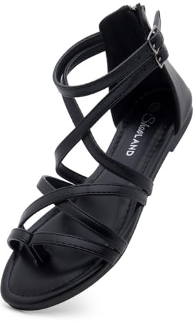 Shoe Land Gladiator Sandals for Women – Strappy Flat Sandals with Ankle Strap & Back Zipper | Fisherman Thong Strappy Style for Walking, & Daily Wear | Trendy 2025 Summer, Black, Size 10.0, SL-Monaco