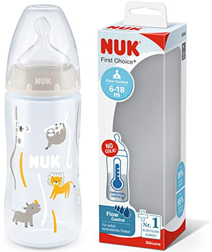 NUK First Choice+ Biberon, pour bébé de 6 à 18 mois, contrôle de la température, contrôle du flux, valve anti-colique, 300 ml, sans BPA, tétine en silicone, safari (neutre)