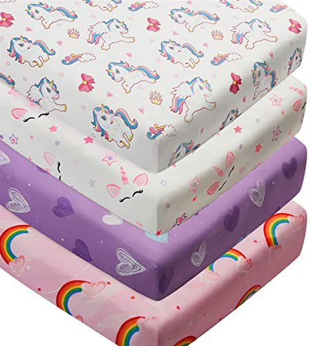 4 Pack Soft Baby Girl Crib Sheets for Standard Crib Mattress Unicron Rainbow Heart Cute Neutral Polyester Unisex Fitted Crib Sheets Set for Baby Girls