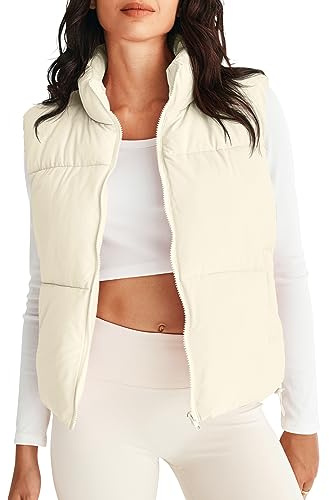 MEROKEETY Puffer Vest Women 2025 Fall Winter Sleeveless Jackets Lightweight Warm Stand Collar Quilted Zip Up Coat, Beige, Medium