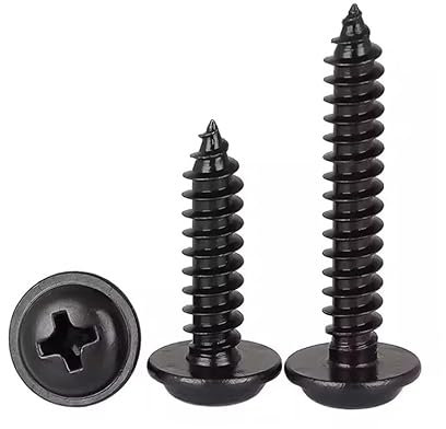 FandWay 100 Piezas Tornillos Autorroscantes de Cabeza Redonda con Arandelas,M5x12/16/20/30/40mm Tornillos Para Madera en Acero al Carbono Negro,Rosca Completa Tornillos de Chapa Metálica.