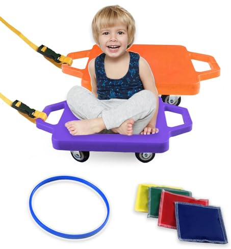 romrex 2 Plastic Scooter Boards with Handles for Kids Sitting and Sports Training, with 1 Ring, 2 Ropes and 4 Beanbags, Indoor and Outdoor Play