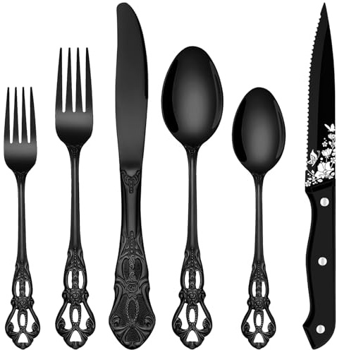 EUIRIO 48 Pieces Royal Black Silverware Set for 8, Retro Gorgeous Flatware Set with Steak Knives, Premium Stainless Steel Vintage Cutlery Set with Forks Spoons and Knives, Dishwasher Safe