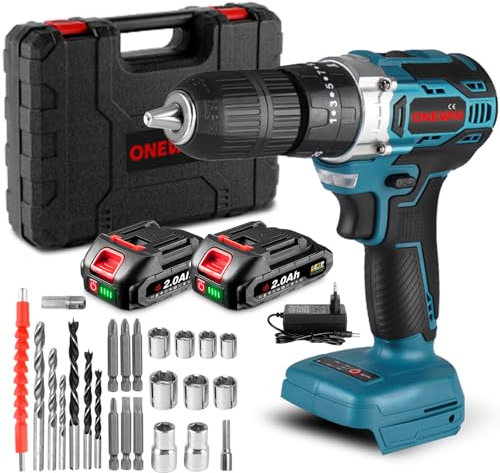 ONEVAN Akkuschrauber Bürstenlos, 25+3 Akku Schlagbohrschrauber mit 2 2.0Ah Akkus, 20V 54NM Bohrmaschine Elektrischer Schraubenzieher Akkubohrer und Schrauber für Haus DIY