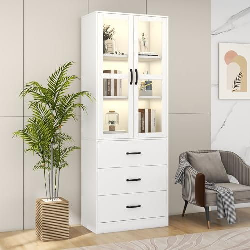 Rtopsu Vitrine Weiß Sideboard Standschrank mit LED-Beleuchtung, Vitrinenschrank Küchenschrank mit 2 Acryltür & 3 Stauraum Schubladen, Schrank für Wohnzimmer Schlafzimmer, 200x60x40 cm