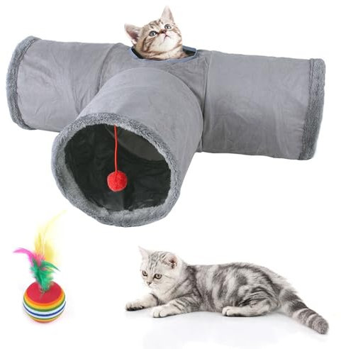 MeYuxg Katzentunnel,3 Wege Faltbar Katzentunnel mit 1 Loch und Katzenspielzeug Ball,T-förmiger Katzenspieltunnel,Katzen Tunnel für Katzen, Kaninchen und Meerschweinchen