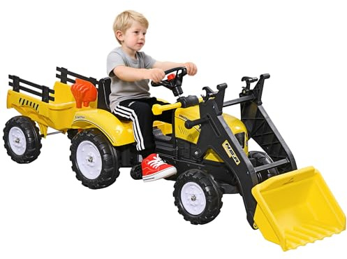 HOMCOM Escavatore Cavalcabile per Bambini da 3 Anni con Ruspa Frontale e Rimorchio Rimovibile, Trattore a Pedali per Bambini con 6 Ruote, Giallo