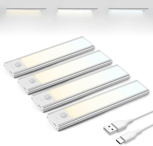 Brendz Schranklicht mit Bewegungsmelder, Kleiderschrank Beleuchtung, 4 x 20cm, 3 Farbtemperaturen, Aufladbar, Dimmbare Schrankbeleuchtung, Led Lichtleiste Kabellos, Silber