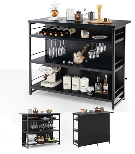 KOMFOTTEU 2 in 1 Bartisch mit stauraum, Barschrank Hausbar mit 4 Ebenen Weinregal & Glashalterung, Highboard Thekebar mit verstellbare Füße, 120 x 60 x 101 cm (Schwarz)