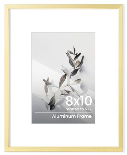 Feihorrm 8x10 Photo Frame With Stand, Aluminum Gold Frame W/ 5x7 Mat | 10x8 Picture Frame with Real Tempered Glass, Metal Frame for 5x7 Photos – Wall & Tabletop Display for Prints, Posters