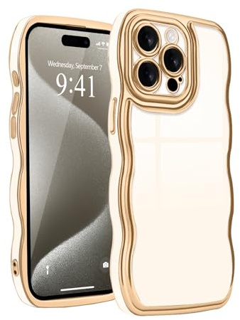 Teageo Hülle für iPhone 13 Pro Max, Eleganz Golden Rand Galvanisierte Wellenform Handyhülle Anti-Drop Stoßfest Kameraschutz Phone Case für iPhone 13 Pro Max, Beige White