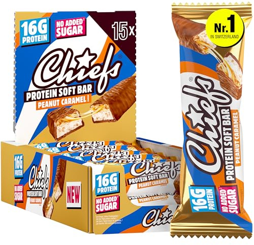 CHIEFS Protein Bars 55g -15 Bars - High Protein, Low Sugar - Healthy Snack Bars with 16g protein - Peanut Caramel Taste - 15x55g