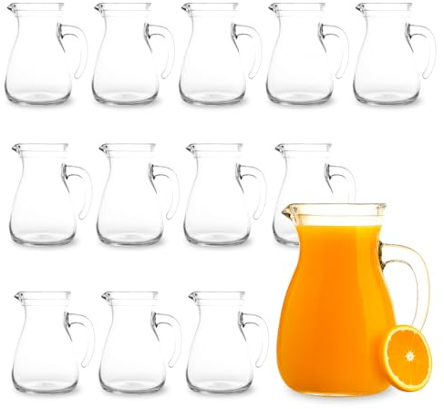 Virsus 12 Caraffe da Tavola in Vetro da 1 Litro, Misura 12x17 cm, Brocca trasparente con Manico e Beccucio Antigoccia, adatta per acqua, succo, bevande, Lavabile in lavastoviglie -8490F -9,3