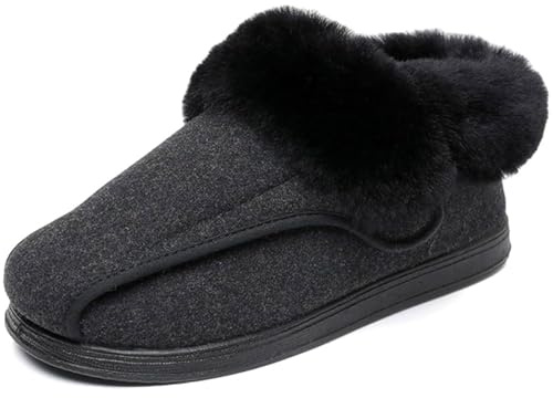 Generico Scarpe Extra Larghe da Donna con Chiusura a Strappo Regolabile Pantofole Invernali Calde con Pelo Pelliccia per Diabetico (nero, L, Adulto, 39, Numero, Sistema Taglie Calzature EU, X-Larga)