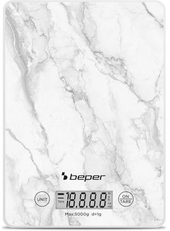 BEPER P102BIL004 Bilancia da Cucina Digitale, Piatto in Vetro Temperato, Funzione Tara, Display LCD Touch, Precisione 1g–5kg, Appendibile, Batteria Inclusa, Marmo Bianco
