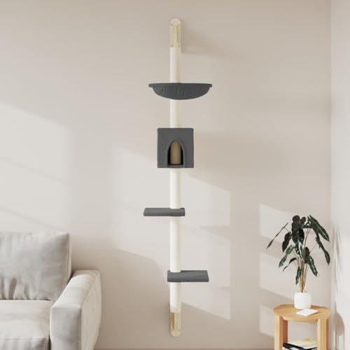 sephironlbb Arbre à chat - Montage mural - 187 cm - Gris foncé - Avec colonne à gratter en sisal - Surfaces de couchage en peluche - Maison pour chat - Arbre à grimper et entretien des griffes - Pour