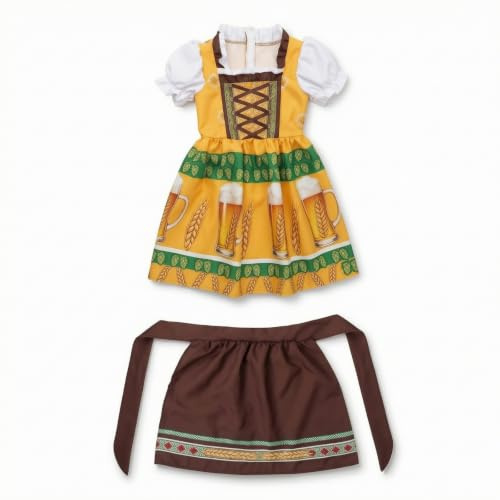 Hellery Costume de Fête Enfant Fille Dirndl de Tradition Allemande Robe Festive Tablier à Nouer Tenue de Fête Polyester Souple avec Corsage Carré et Décors, S