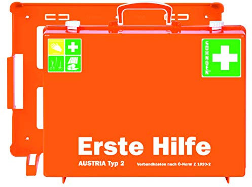 Söhngen Erste-Hilfe-Koffer Austria Typ 2 (Erste-Hilfe-Kasten, Unterteilung, Wandbefestigung, gefüllt, Wundverbände, Sirius Rettungsdecke, 20 Jahre sterile Verpackung) orange, 0390155