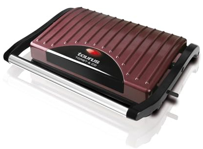 Taurus - Sandwichera eléctrica Toast & Co 700W, Placas grill antiadherentes, Placa superior auto ajustable, Asa cool touch, Sistema de bloqueo, Almacenaje vertical, Burdeos