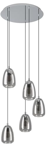 EGLO Hängelampe Alobrase, 5-flammige Cluster Pendelleuchte Esstisch, Hängeleuchte aus Metall in chrom und bedampften Glas in schwarz-transparent, Esszimmerlampe hängend, E27 Fassung, Ø 54 cm