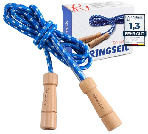 KLEINTOBER Premium Springseil Kinder I Hüpfseil Set I Seil mit Mitteverstärker I 220cm I verstellbar I blau I Anleitung für Seilspringen I Urkunde für Motivation I ideal als Geschenk