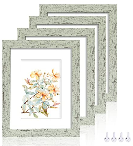 Hongkee 8x10 Picture Frame Set of 4, Made of Real Glass and Sage Green Wooden Frame, 8 by 10 Photo for Wall or Tabletop - Display Picture 5x7 with Mat or 8x10 Without Mat