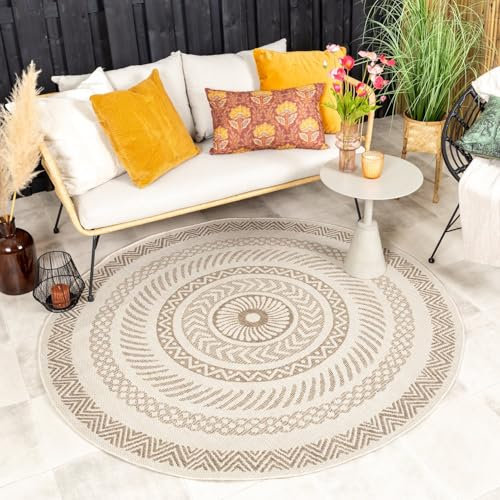 FRAAI | Home & Living In- & Outdoor Jute Teppich Rund - Nomad Aztec Creme - Wetterfest - Polypropylen - Flachgewebe - Wohnzimmer, Esszimmer, Balkon, Garten/Terrasse - Terrasse - Rug