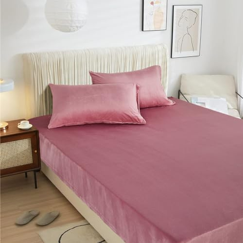 Winter Plüsch Spannbettlaken 100x200cm Altrosa Rosa Warm Kuschel Bettlaken Spannbetttuch 100x200 Samt Frottee Flanell Spannbetttücher Weich Uni Leintuch 100 x 200 für Boxspringbett Hohe Matratze