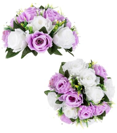 BLOSMON Flower Centerpieces for Tables Wedding 2 Pcs Lilac & White Fake Flowers Rose Arrangement Bouquet Floral Centerpiece Balls Artificial Wedding Center Pieces of Valentines Day Home Decor