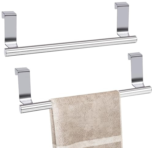 2 Pcs Over The Door Towel Rack,Over Cabinet Towel Bar, Stainless Steel Kitchen Dish Towel Holder for Bathroom Cupboard, 2 Pack (Silver)