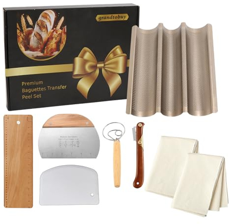 Premium Baguettes Transfer Peel Set with 2pcs Bread Proofing Cloth, Baking Couch - Bread Lame - Dough Scraper - Baking Tray