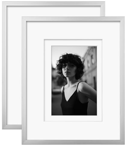 Egofine 8x10 Aluminum Picture Frame Display with Mats for 4x6/5x7 or 8x10 without Mat, Metal Picture Frame Covered by Plexiglass for Tabletop and Wall Mounting, 2 Pack, Silver