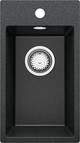 PRIMAGRAN Evier Cuisine en Granit Graphite 28x50cm, Lavabo 1 bac + Kit de Vidage, Évier à Encastrer au Meuble 30cm - Riga S003