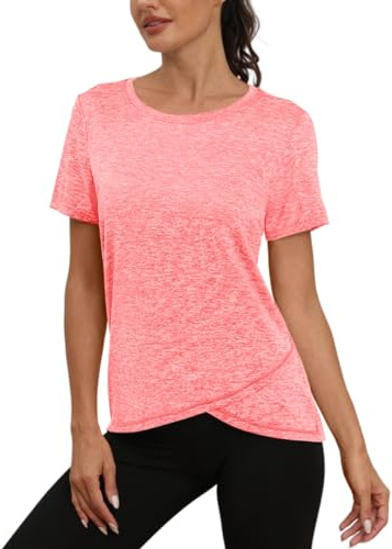 Jlowesun Women's Long Gym Yoga Tops, Short Sleeve Running Workout Sprots T-Shirt for Women UK Loose Fit,Quick Dry Fitness Activewear Athletic for Ladies Gym Exercise Coral Pink