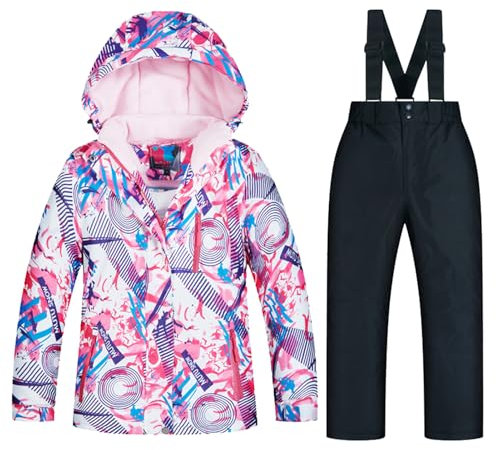 Amur Leopard Kinder Skianzug 2tlg Skijacke mit Kapuze + Skihose Winddicht Wasserdicht Schneeanzug für Jungen Mädchen, Jacke C+Schwarze Hose, 140-146 (Etikettengröße: 12)