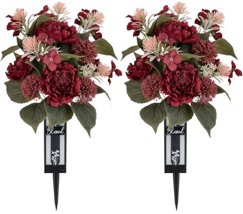 Memobloom Red Cemetery Flowers for Grave: 2 Pcs Peony Grave Flower Bouquets for Cemetery Decorations - Spring Outdoor Gravesite Flowers with Vase